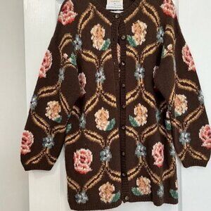 Vintage Marisa Christina Hand Knit Brown Dark Floral Chunky Cardigan Sweater